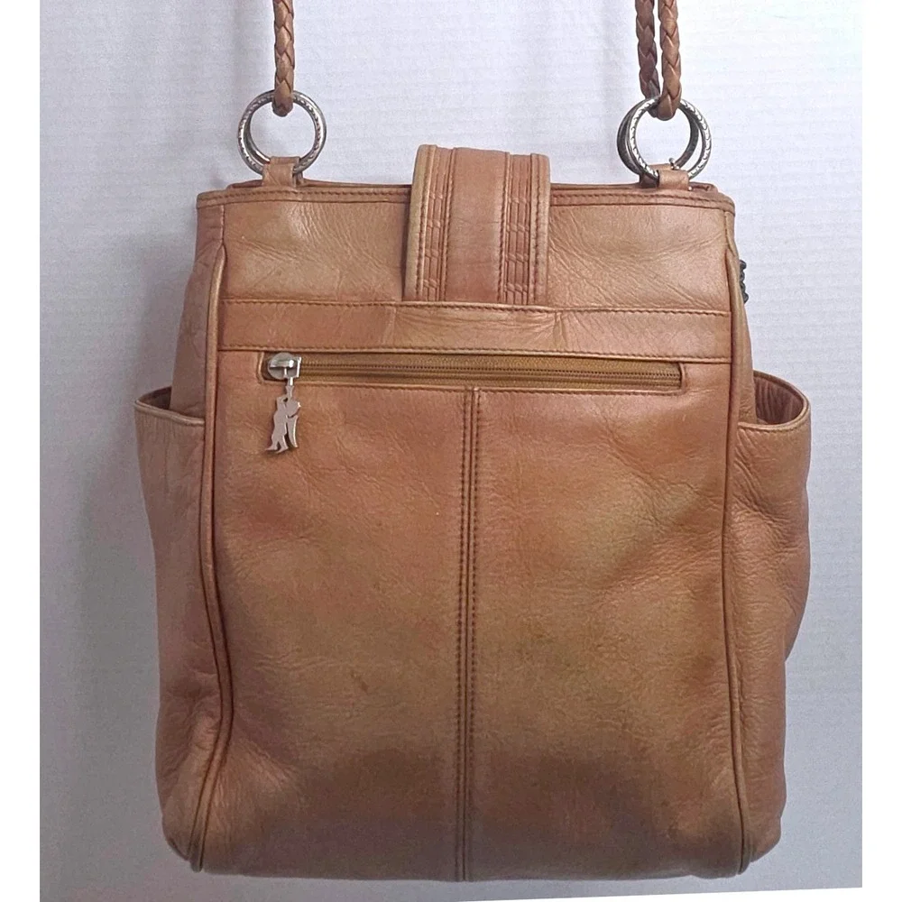 VTG 90s American Angel Tan Leather Braided‎ Strap Shoulder Bag Silver Medallion